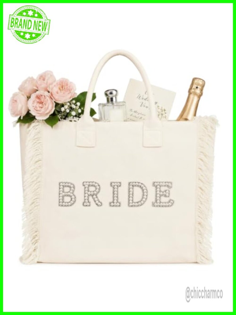 Bride Tote Bag Large Canvas Cotton Pearl Fringe Bridal Wedding Honeymoon